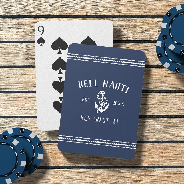 Navy & White Nautical Anchor Boat Name Playing Cards (Creator Uploaded)