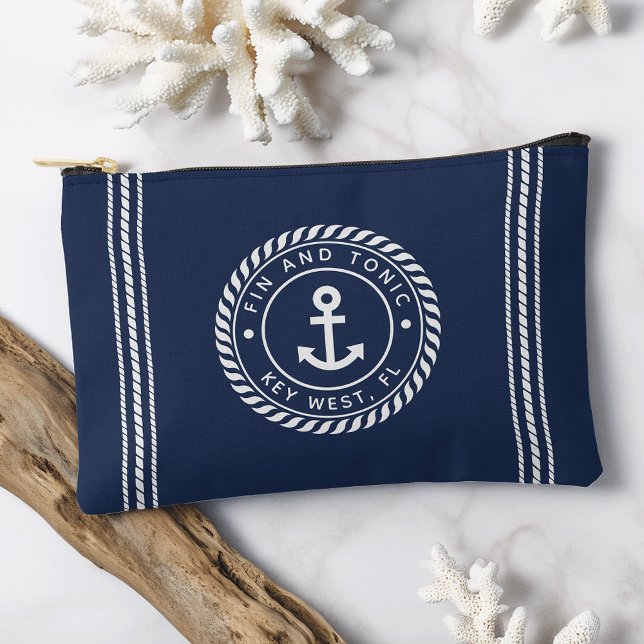 Navy & White Nautical Anchor Stripe Boat Name Accessory Pouch (Creator Uploaded)