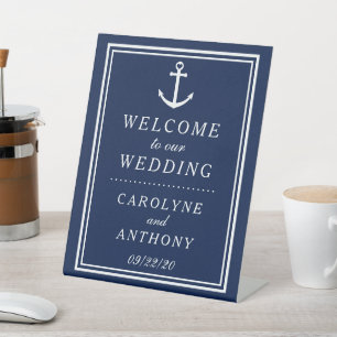 Navy & White Nautical Anchor Wedding Welcome Pedestal Sign