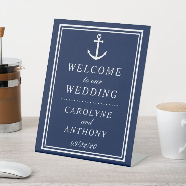 Navy & White Nautical Anchor Wedding Welcome Pedestal Sign (In SItu)
