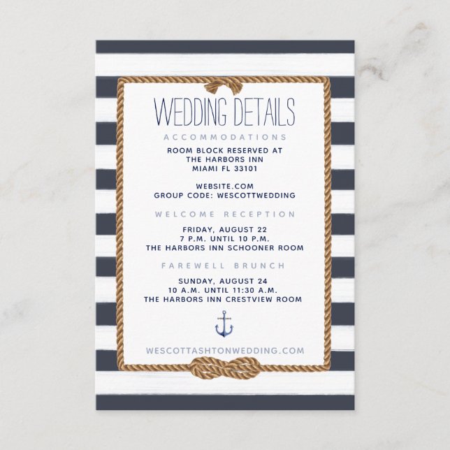 Navy & White Nautical Knot Wedding Details Enclosure Card (Front)