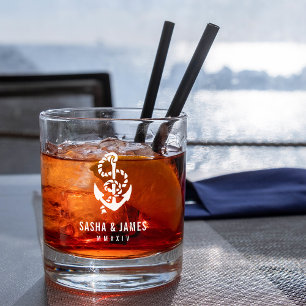 Navy & White Nautical Rope & Anchor Wedding Favour Whiskey Glass
