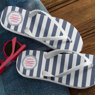 Navy & White Nautical Stripe w/ Pink Monogram Flip Flops