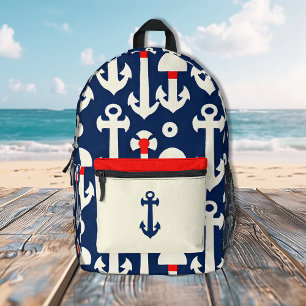 Navy white nautical vintage anchor travel printed backpack