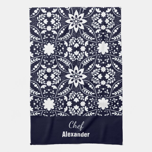 Navy White Nordic Folk Floral Pattern  Tea Towel (Vertical)