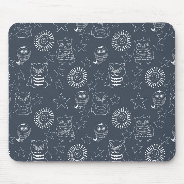 Navy White Owls Mouse Mat (Front)