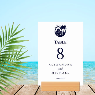 Navy White Palm Tree Coastal Wedding   Table Number