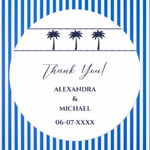 Navy White Palm Tree Coastal Wedding Thank You Classic Round Sticker