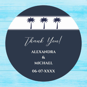 Navy White Palm Tree Coastal Wedding Thank You Classic Round Sticker