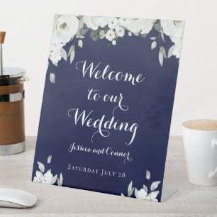 Navy & White Peony Welcome To Our Wedding Pedestal Sign