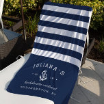 Navy & White Personalised Bachelorette Weekend Beach Towel<br><div class="desc">Celebrate your bachelorette weekend,  getaway or party with these unique custom beach towels. Personalised design features nautical navy blue and white stripes with the bride's name,  event type,  year and destination flanking a white rope and anchor illustration.</div>