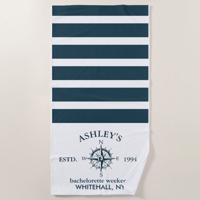 Navy & White Personalised Bachelorette Weekend Beach Towel (Front)