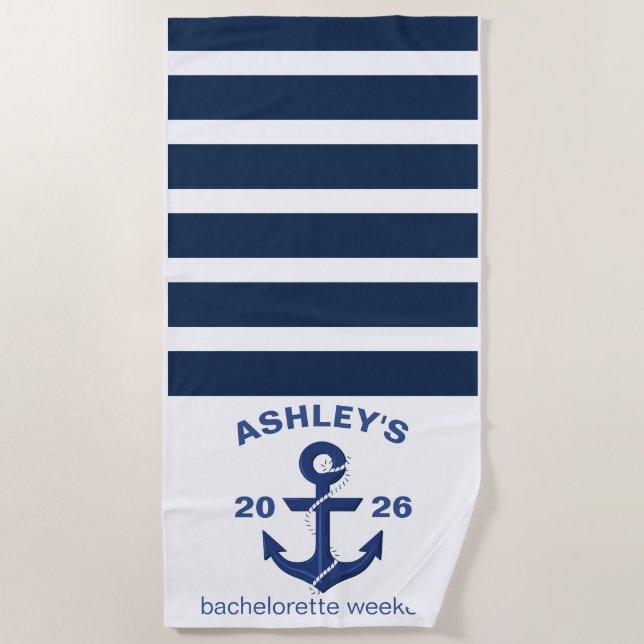 Navy & White Personalised Bachelorette Weekend Beach Towel (Front)