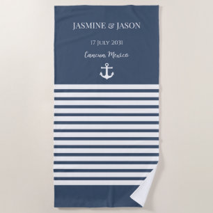 Navy  White Personalised Destination Wedding Favou Beach Towel