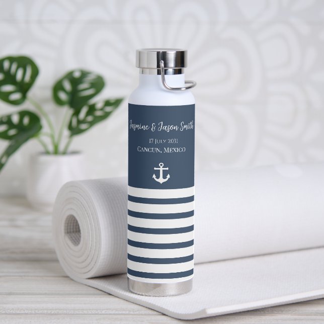 Navy  White Personalised Destination Wedding Favou Water Bottle (Yoga)
