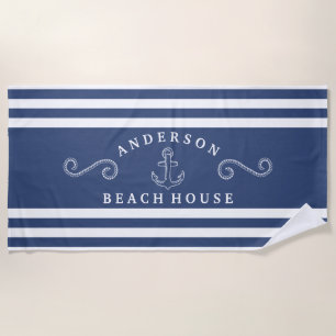 Navy & White Personalised Nautical Beach House Beach Towel