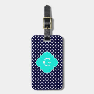 Navy White Polka Dot Aqua Quatrefoil Monogram Luggage Tag