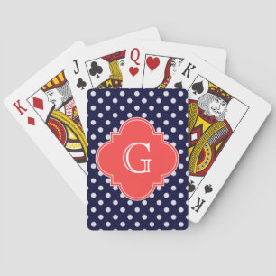 Navy White Polka Dot Coral Quatrefoil Monogram Playing Cards