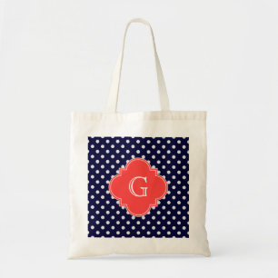 Navy White Polka Dot Coral Quatrefoil Monogram Tote Bag