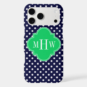 Navy White Polka Dot Emerald Quatrefoil 3 Monogram