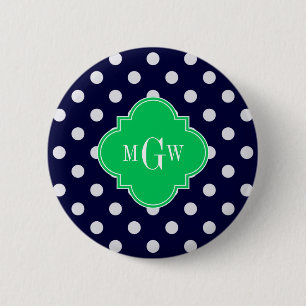 Navy White Polka Dot Emerald Quatrefoil 3 Monogram 6 Cm Round Badge