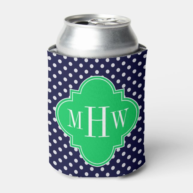 Navy White Polka Dot Emerald Quatrefoil 3 Monogram Can Cooler (Can Front)