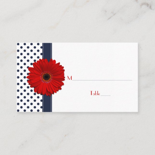 Navy White Polka Dot Red Gerber Daisy Place Card (Front)
