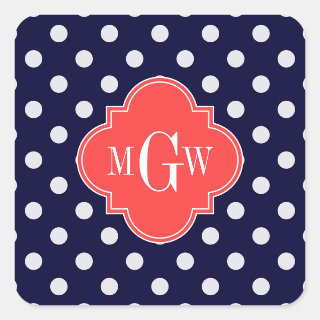 Navy White Polka Dots Coral Quatrefoil 3 Monogram Square Sticker (Front)