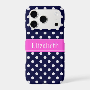 Navy White Polka Dots Hot Pink Ribbon Monogram