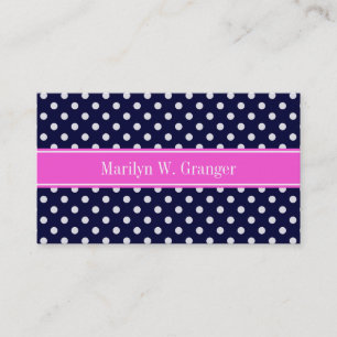 Navy White Polka Dots Hot Pink Ribbon Monogram Business Card
