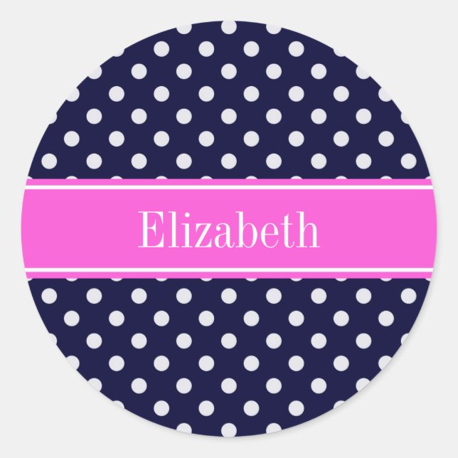 Navy White Polka Dots Hot Pink Ribbon Monogram Classic Round Sticker (Front)