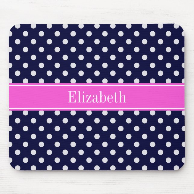 Navy White Polka Dots Hot Pink Ribbon Monogram Mouse Mat (Front)