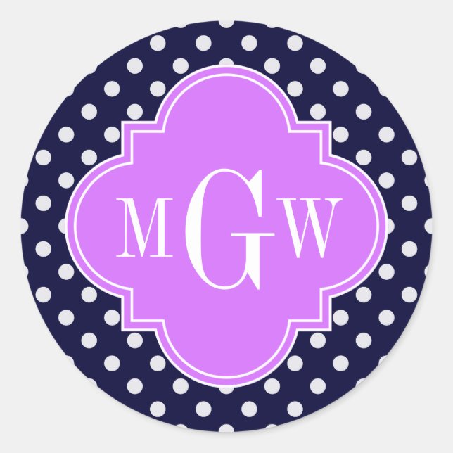 Navy White Polka Dots Lilac Quatrefoil 3 Monogram Classic Round Sticker (Front)