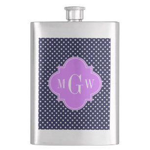 Navy White Polka Dots Lilac Quatrefoil 3 Monogram Hip Flask