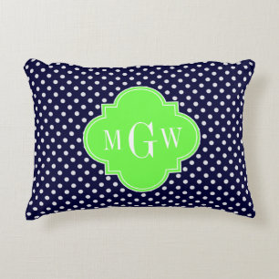 Navy White Polka Dots Lime Quatrefoil 3 Monogram Decorative Cushion