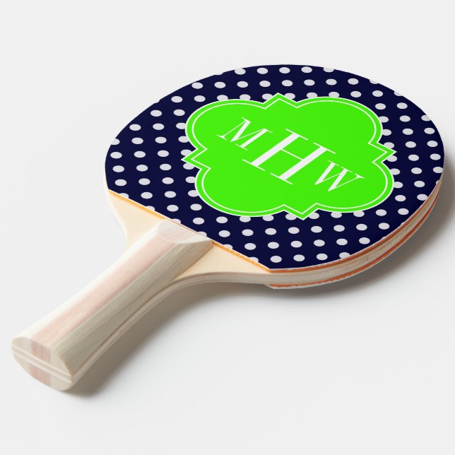 Navy White Polka Dots Lime Quatrefoil 3 Monogram Ping Pong Paddle (Front Angle)