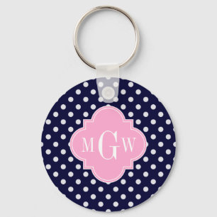 Navy White Polka Dots Pink Quatrefoil 3 Monogram Key Ring