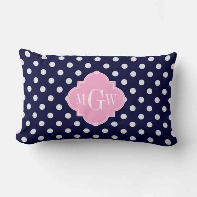 Navy White Polka Dots Pink Quatrefoil 3 Monogram Lumbar Cushion (Front)