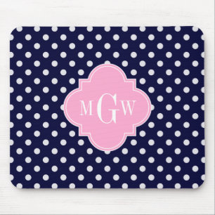 Navy White Polka Dots Pink Quatrefoil 3 Monogram Mouse Mat