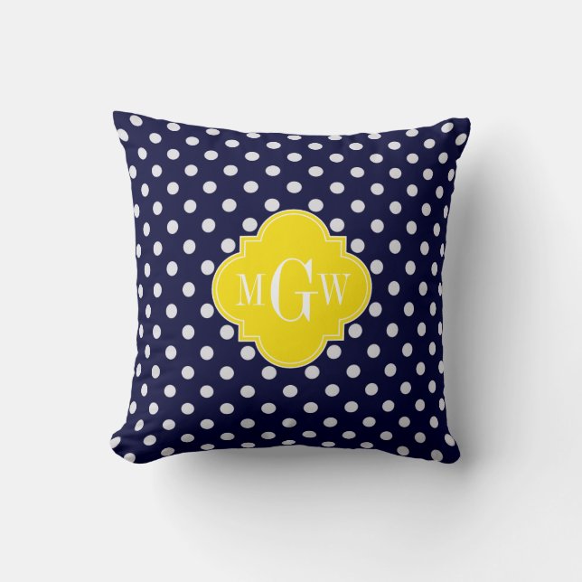 Navy White Polka Dots Yellow Quatrefoil 3 Monogram Cushion (Front)