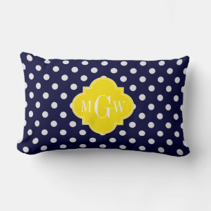 Navy White Polka Dots Yellow Quatrefoil 3 Monogram Lumbar Cushion