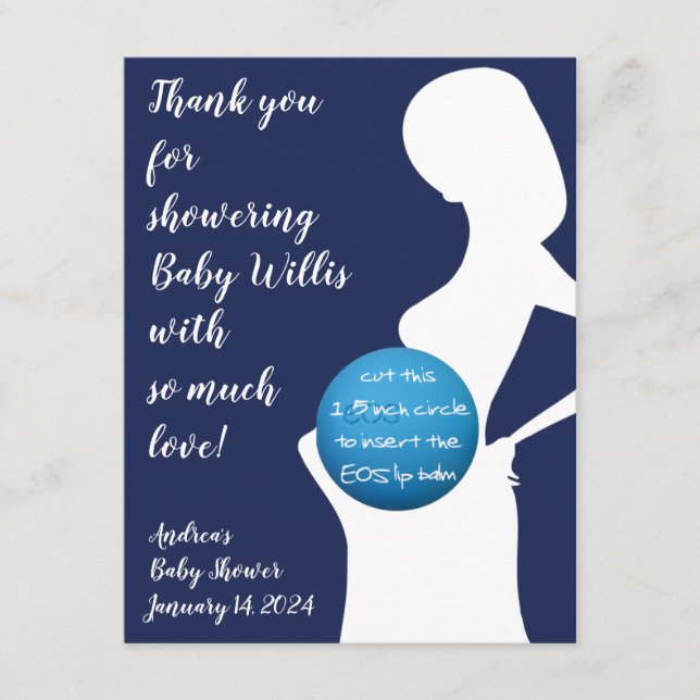 Navy & White Pregnant Woman EOS lip balm favour Enclosure Card (Front)