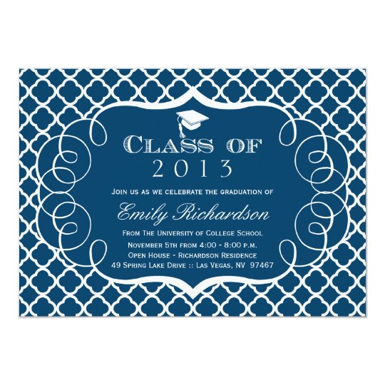 Navy + white quatrefoil graduation announcement