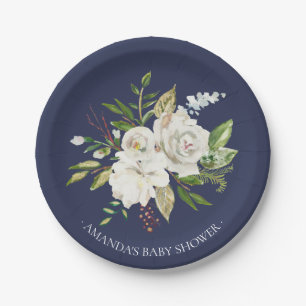 Navy & White Rose Flowers Shower 7" Plate