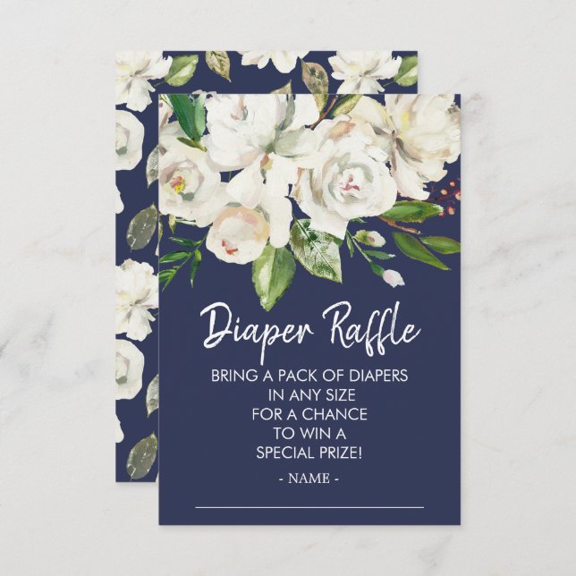 Navy White Roses Baby Shower Diaper Raffle Ticket Invitation (Front/Back)