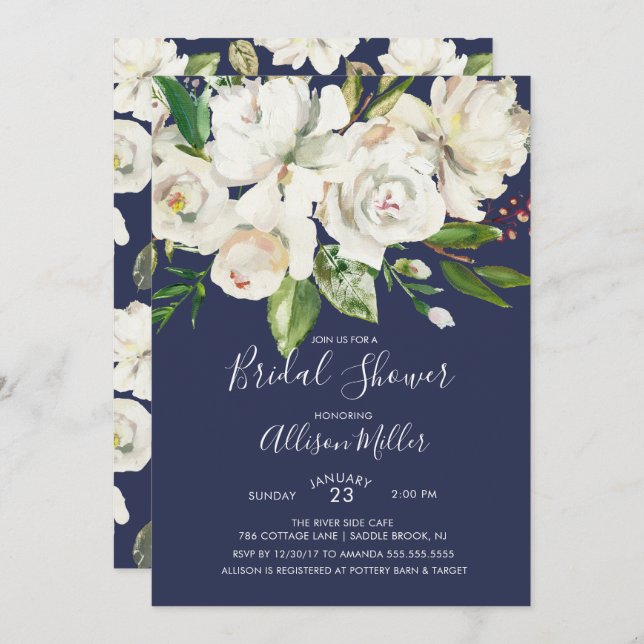 Navy & White Roses Bridal Shower Invitation (Front/Back)