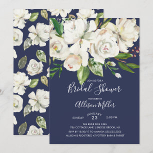 Navy & White Roses Bridal Shower Invitation