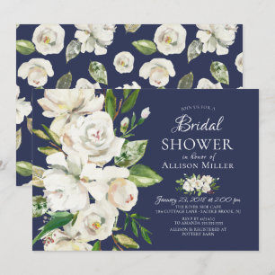 Navy White Roses Floral Bridal Shower Invitations