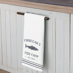 Navy & White Rustic Fish Camp Personalised Tea Towel