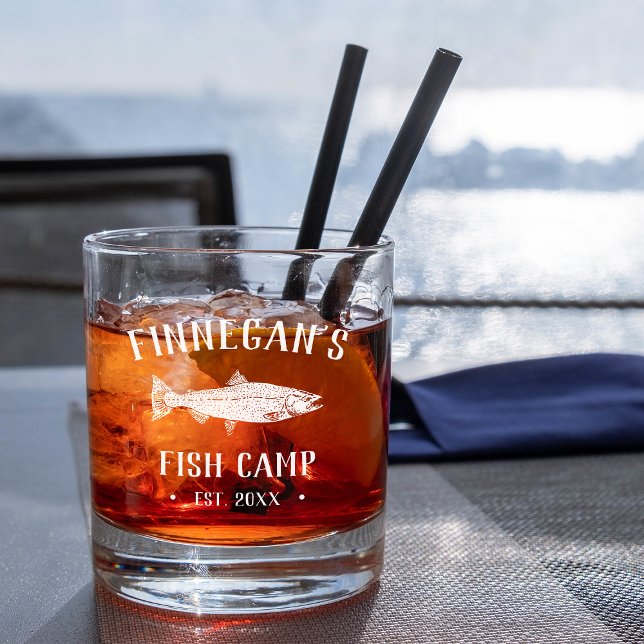 Navy & White Rustic Fishing Cabin Personalised Whiskey Glass (Creator Uploaded)